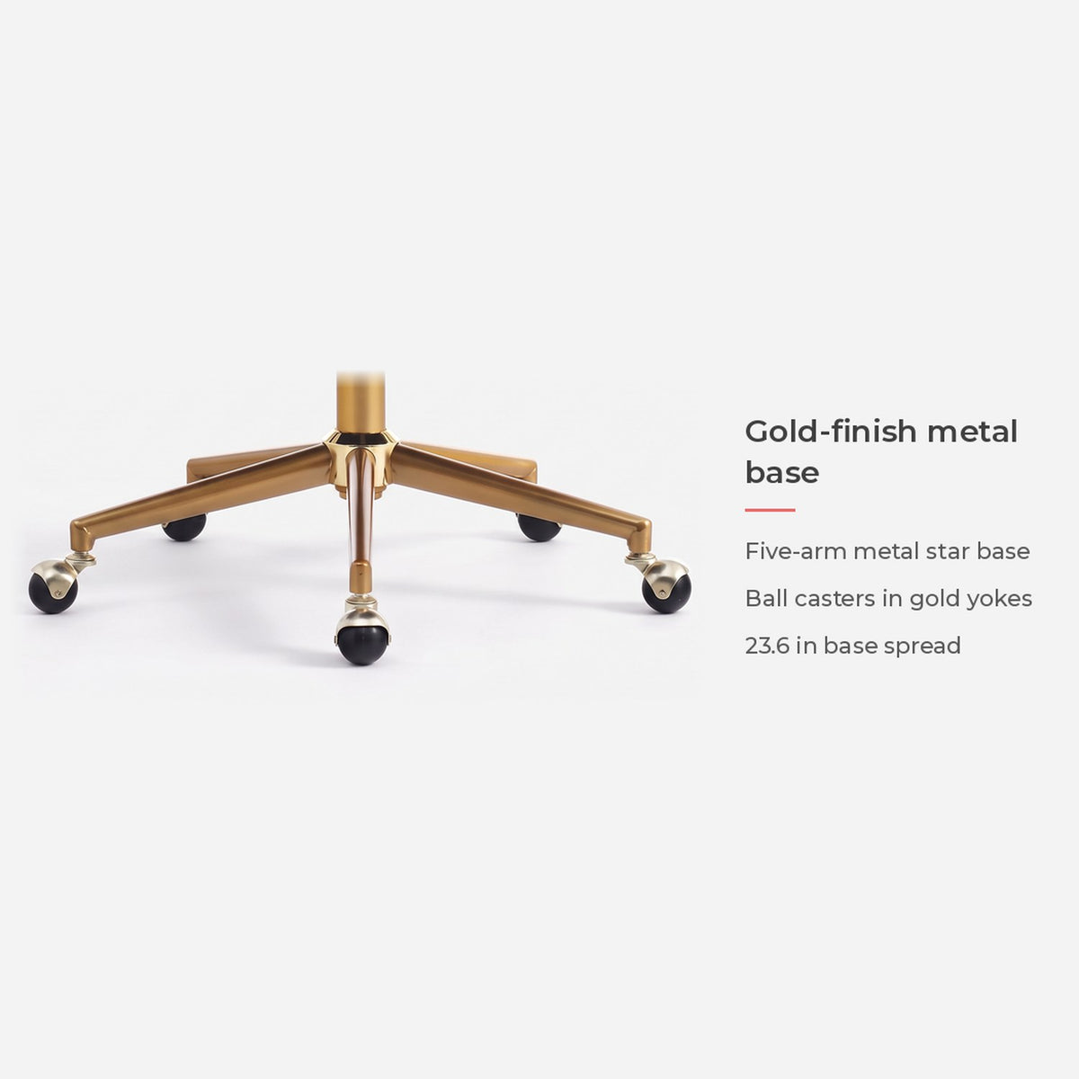 Card on the five-arm gold-finish metal base and ball casters (feature callout)