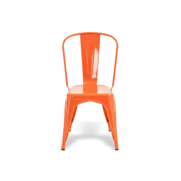 Rust-orange metal dining chair with stackable design, industrial farmhouse style.