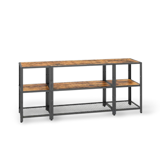 Industrial metal and wood TV stand entertainment center with hidden storage and adjustable shelves for 65-inch TVs.
