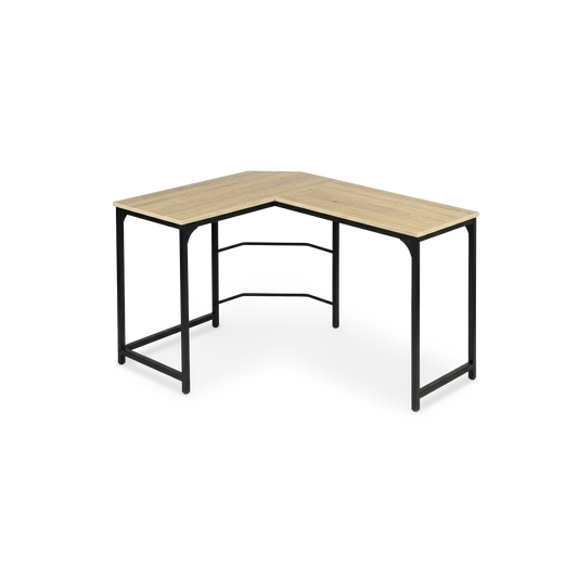 Corner workstation desk turned at an angle on a plain #f3f3f3 studio ground