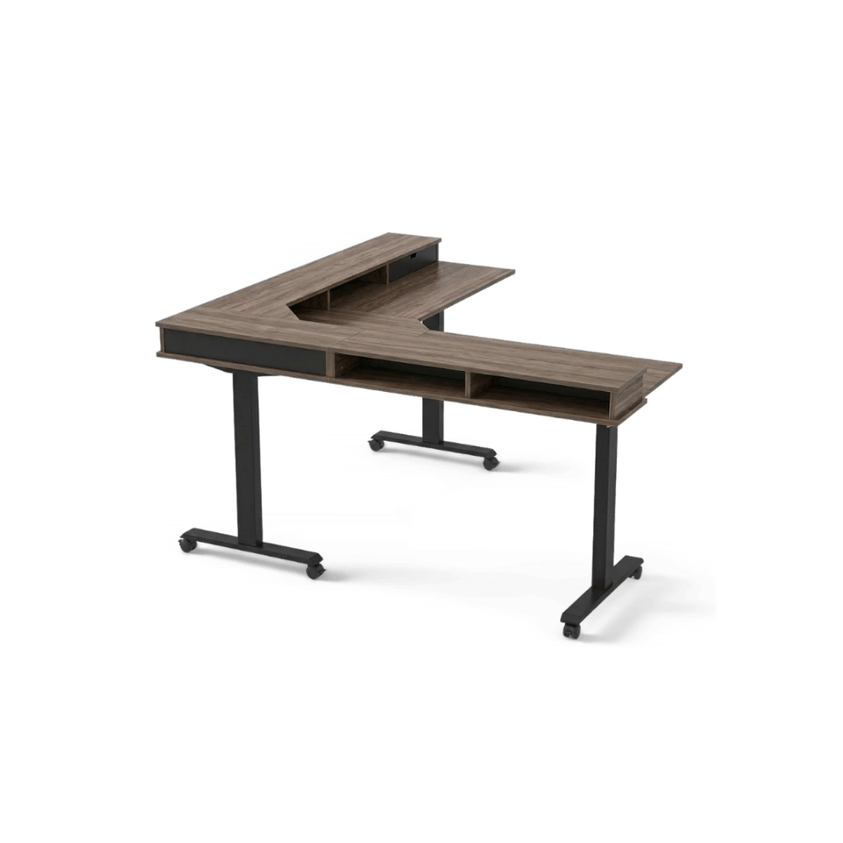 L shaped standing desk with storage turned at an angle, showing the walnut-finish L top, raised shelf and black steel legs