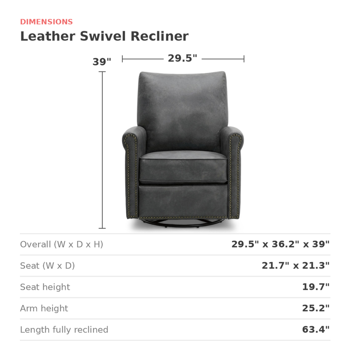 Dimensions of the leather swivel recliner chair: 29.5 in. wide, 36.2 in. deep, 39 in. high