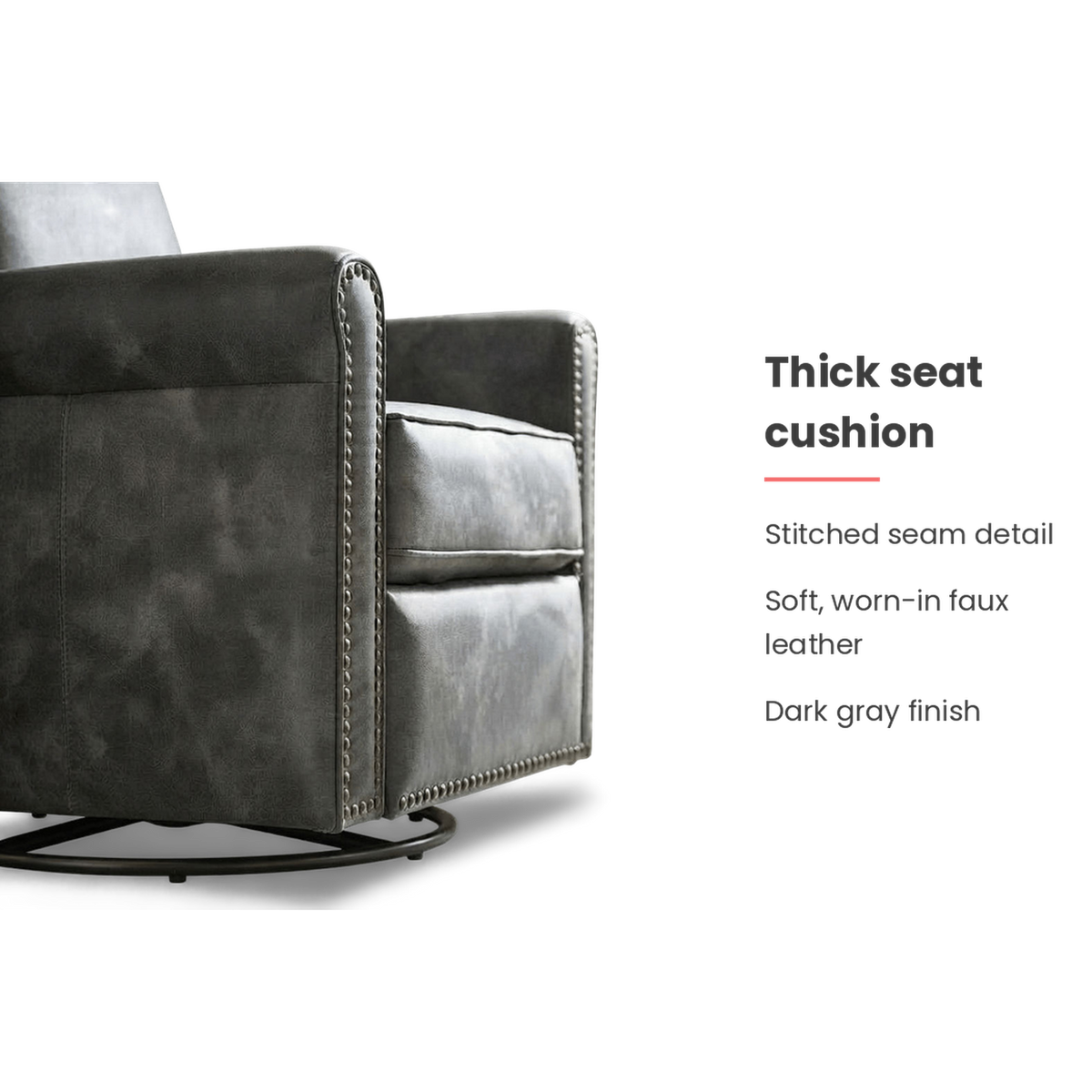 Spec card: thick stitched seat cushion in worn-in dark gray faux leather