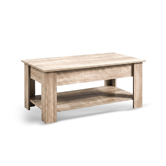 walnut-finish lift top coffee table revealing a spacious hidden storage compartment for living room organization.