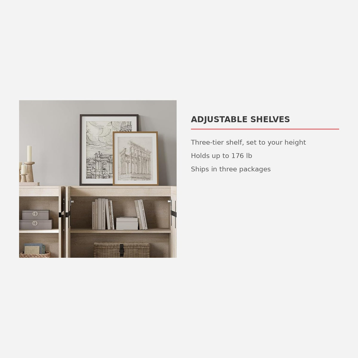 Three-tier adjustable shelves of the oak media console (feature callout)