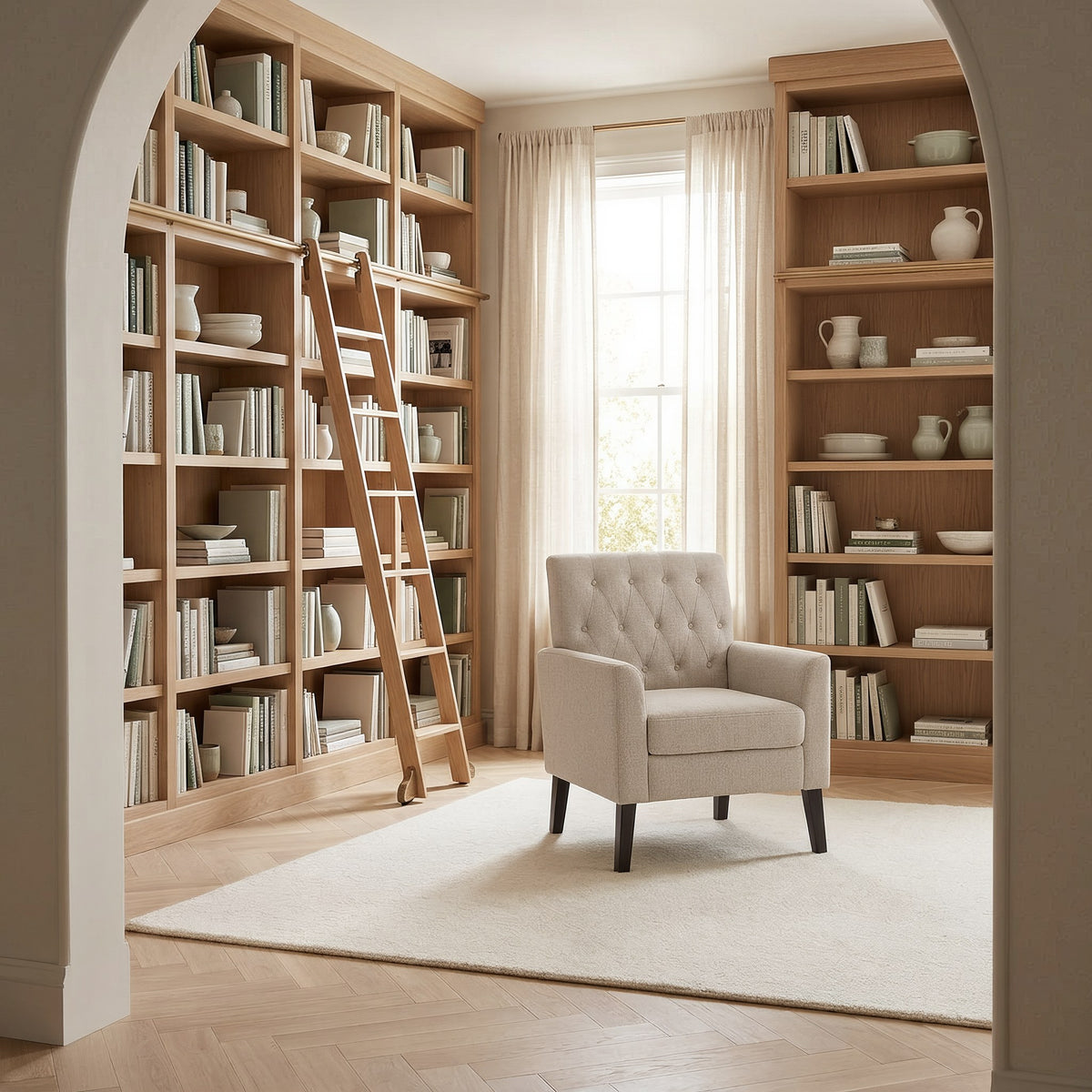 Linen button tufted accent chair in the same home library, closer front view
