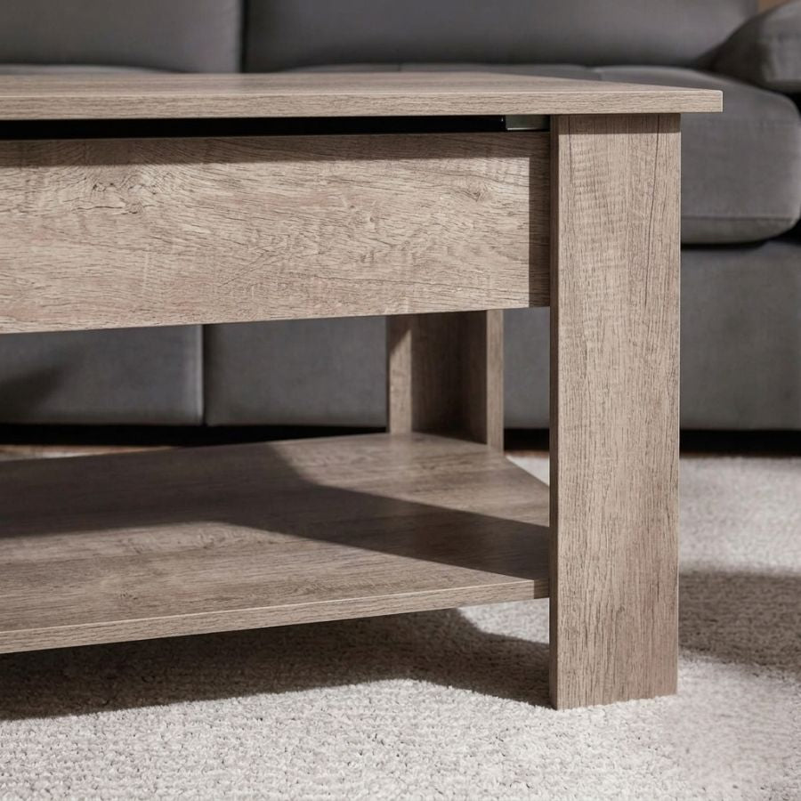 Close-up of the matching side table featuring an open storage shelf and a durable minimalist metal frame.