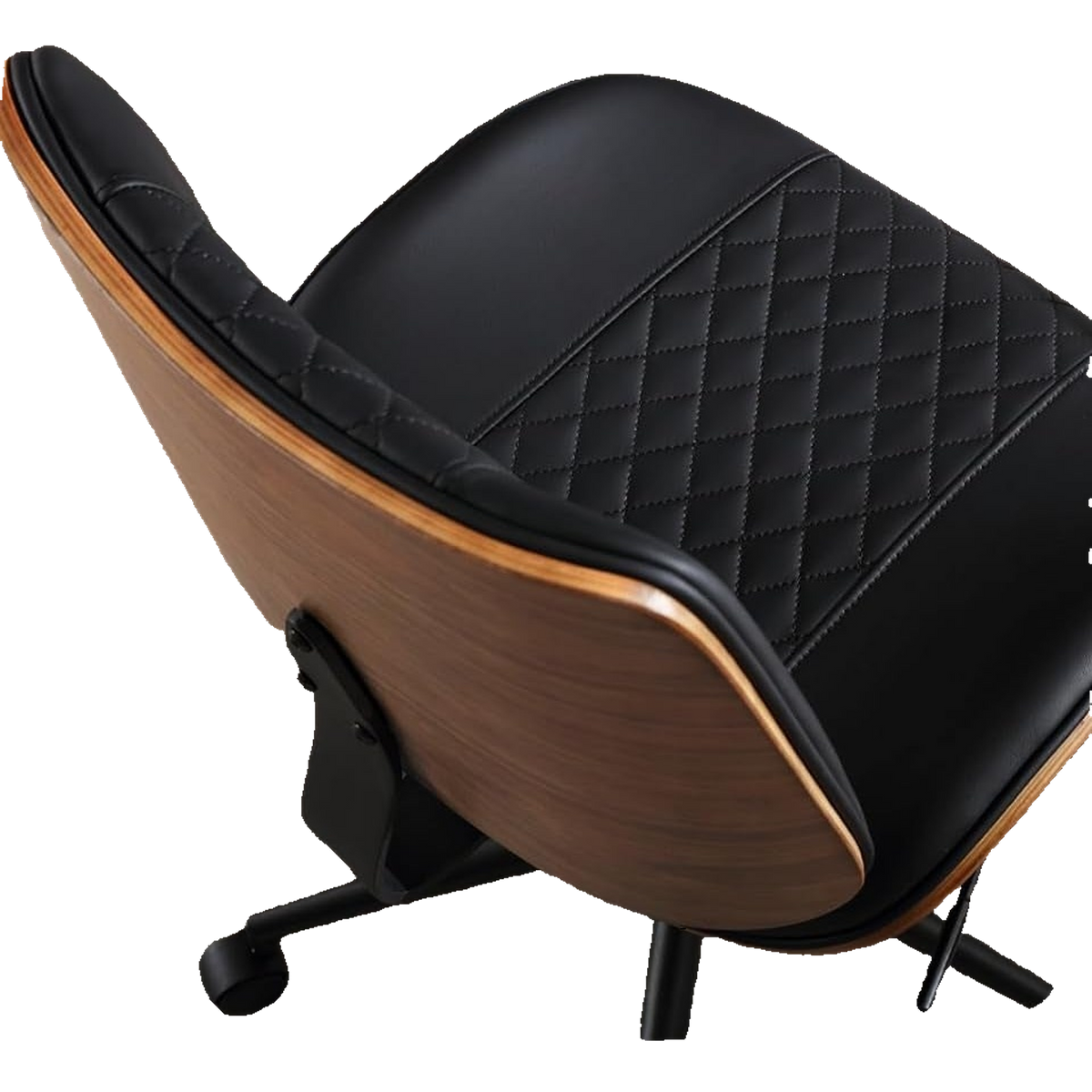 Curved walnut bentwood back and quilted black leather of the MCM office chair (close-up detail)