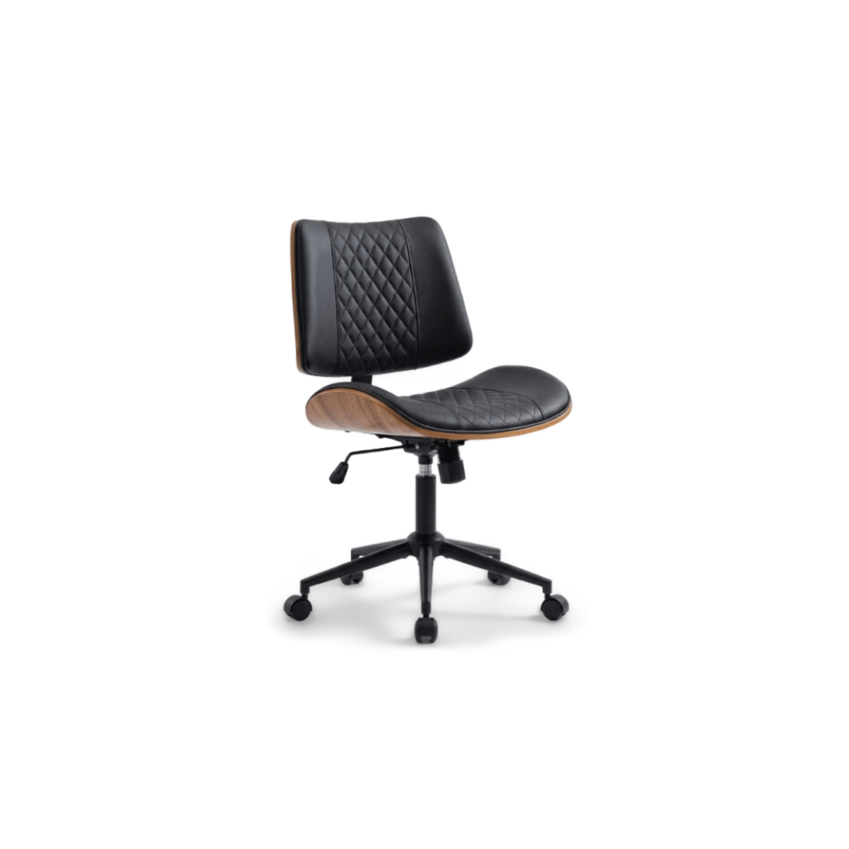 MCM office chair in black diamond-quilted PU leather with a walnut bentwood shell, front view