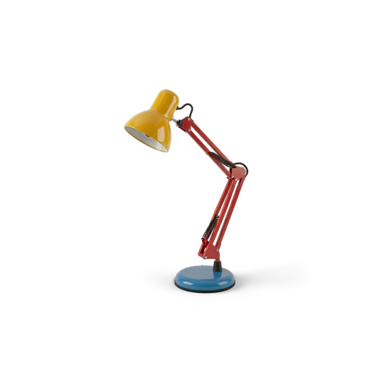Memphis retro swing-arm desk lamp, rotated view, transparent (plain studio)