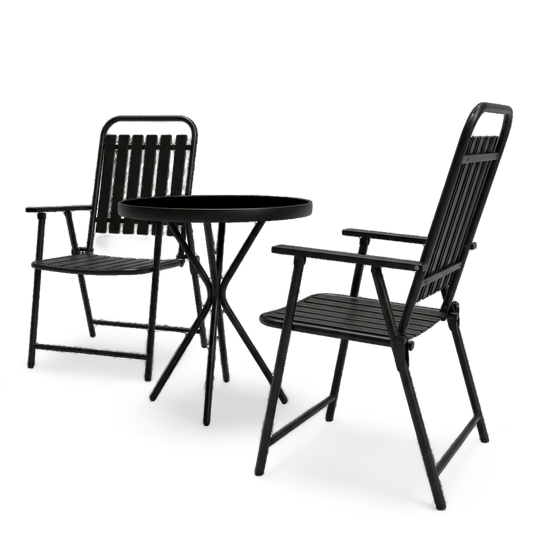 Metal folding bistro set at an angle, black frame and tempered glass top on #f3f3f3 studio background (plain studio)