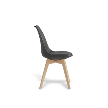 Chair with black plastic seat and wooden legs on a white background