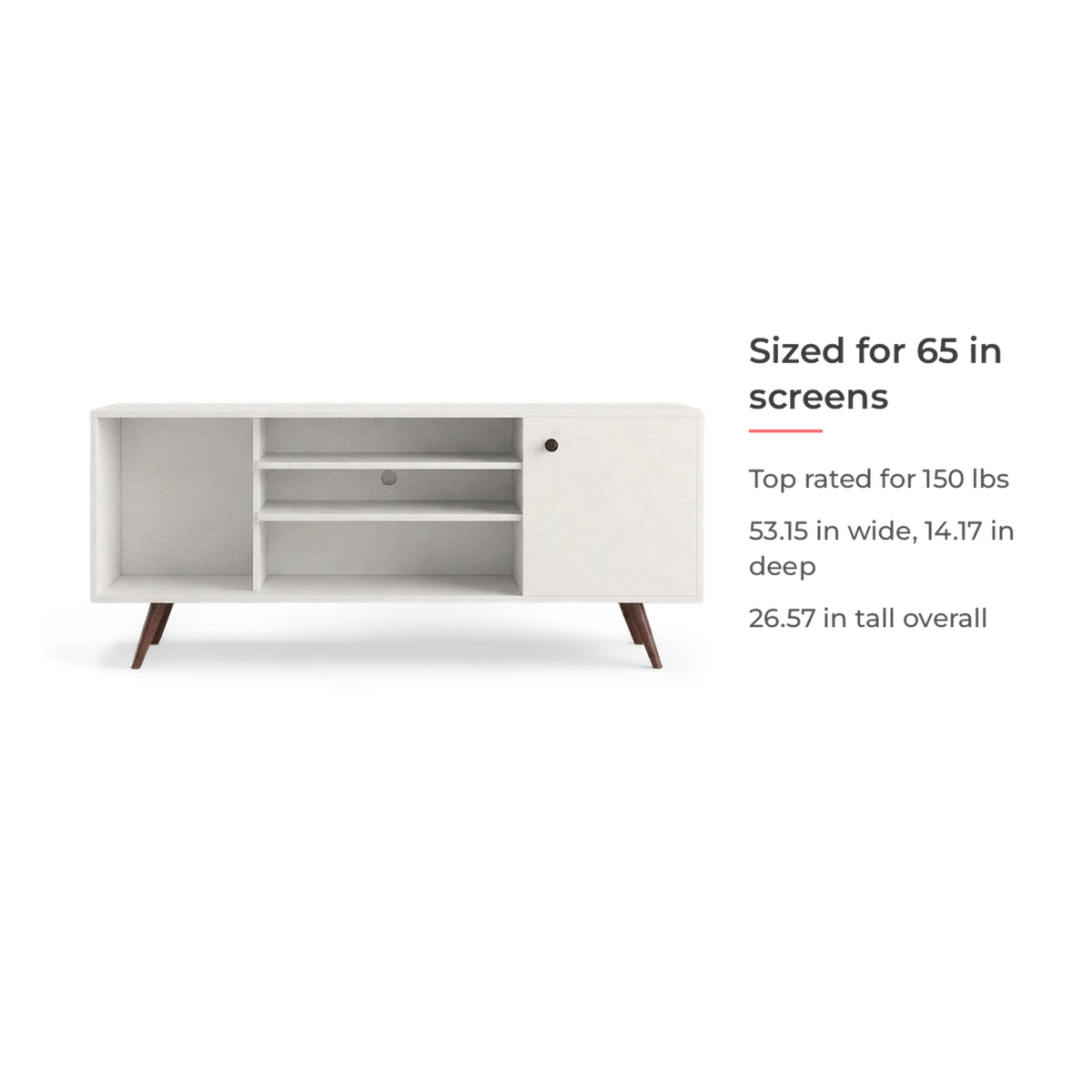 Sizing card: fits TVs up to 65 inches, holds 150 lbs (feature callout)