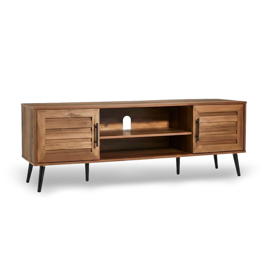 Mid-Century rustic wood TV stand with storage, two cabinets, open shelf, tapered legs, fits up to 65-inch TVs