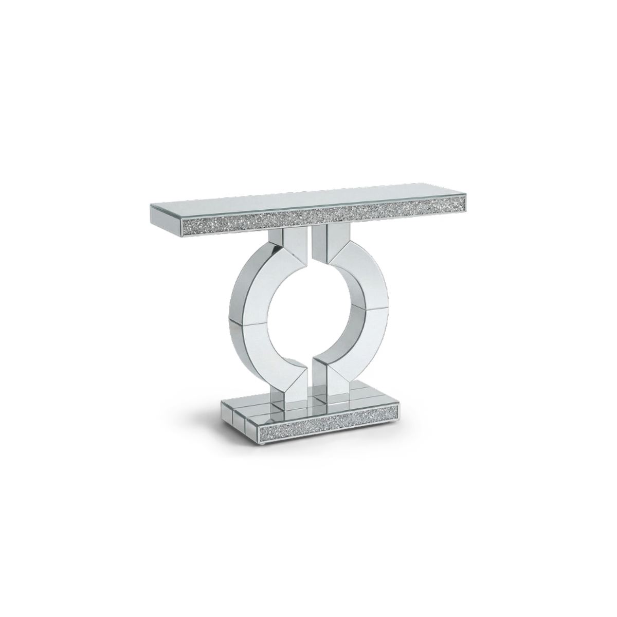 Mirrored sofa table with an O-shaped pedestal turned at an angle on a plain #f3f3f3 studio ground