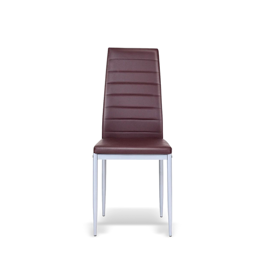 Single modern dining chair with high-back brown PVC upholstery and silver metal legs