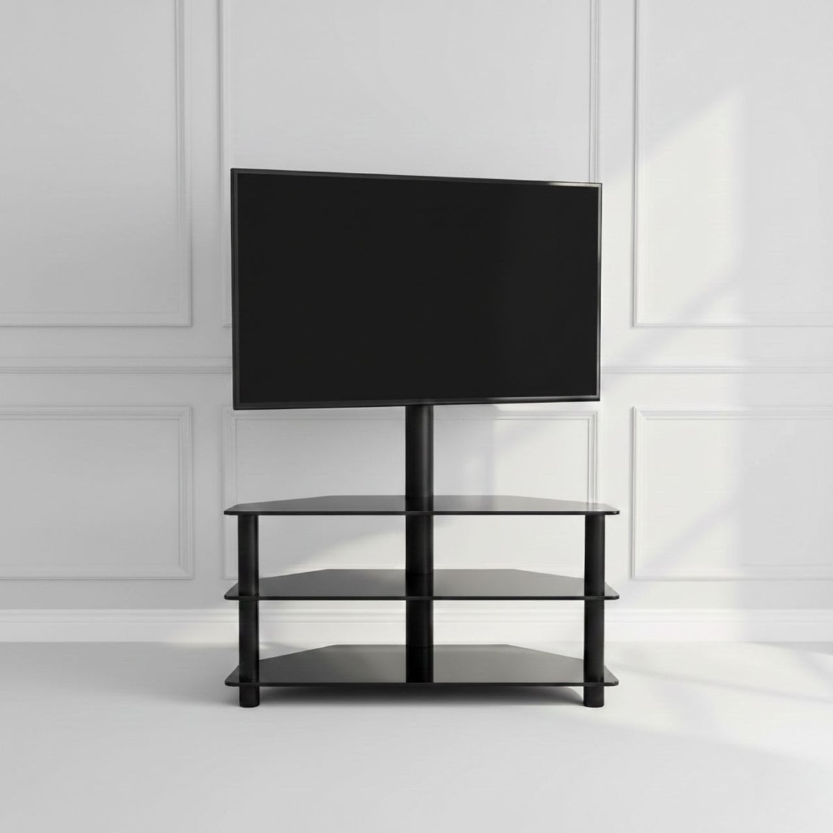 Multi-function three-tier black TV stand with a central support column and integrated mount (plain studio)