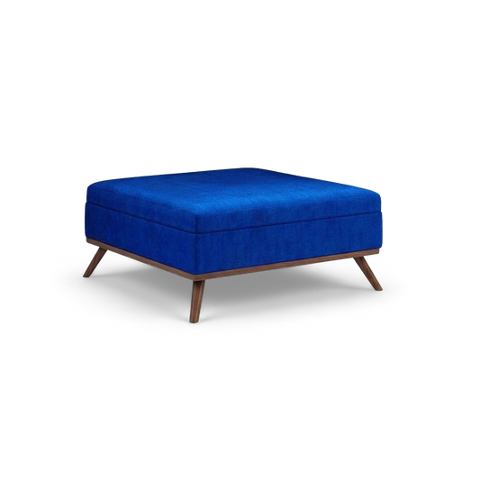 navy blue velvet storage coffee table with mid-century wood legs