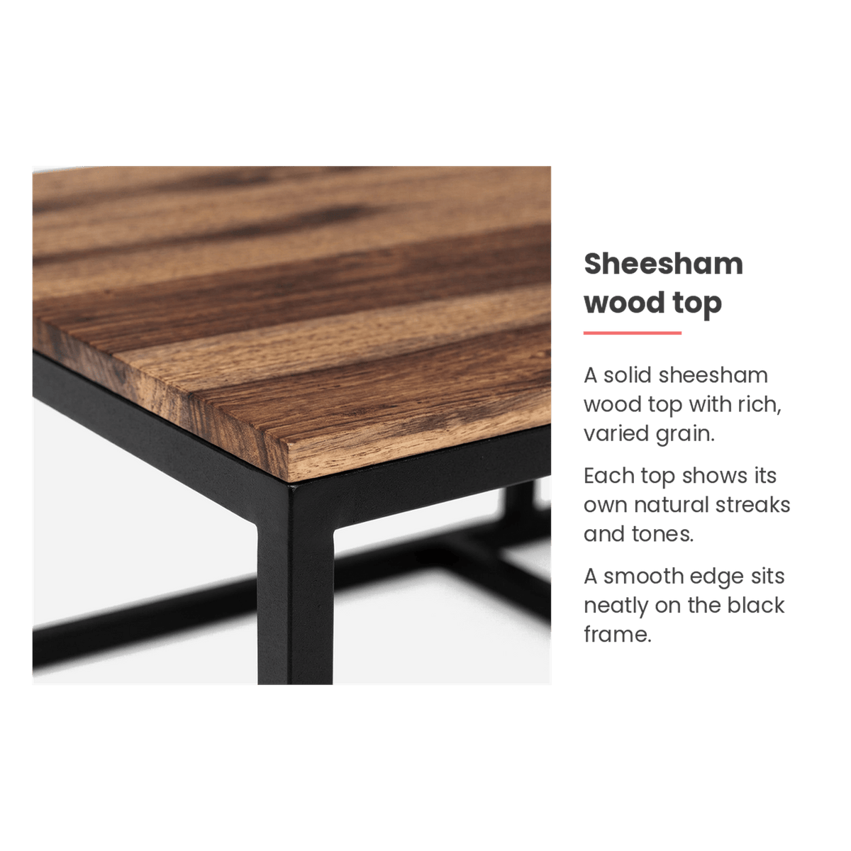 Sheesham wood top spec card with varied natural grain (feature callout)