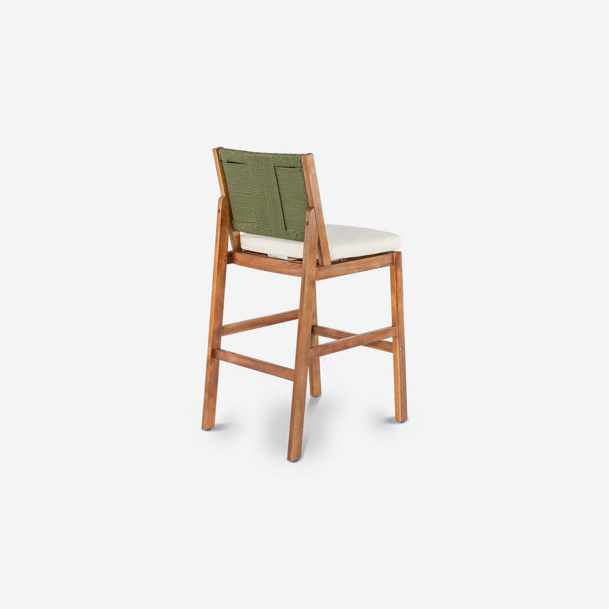 Bar height outdoor stool turned to show its green wicker back, acacia legs and cream cushion