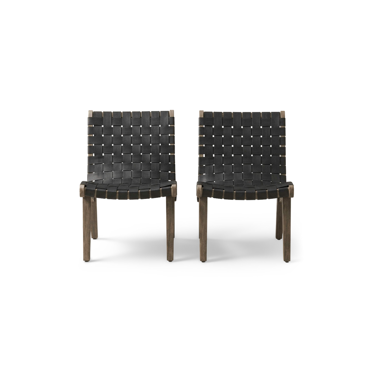 Outdoor lounge chairs set of 2 with acacia wood frames and rope weave seats, front view (plain studio)