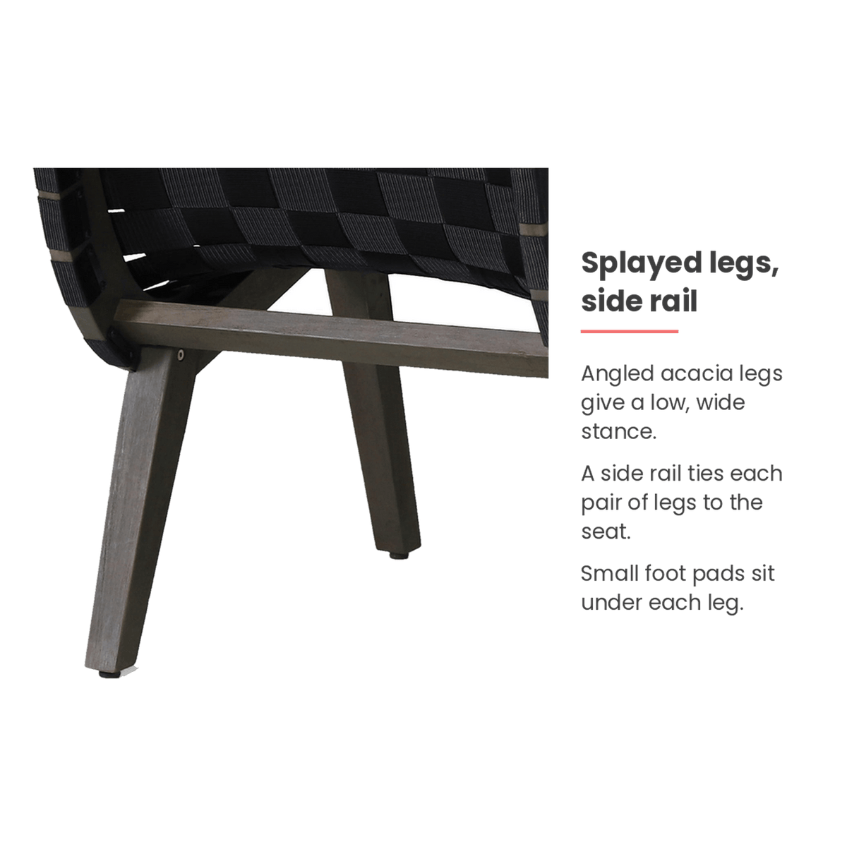 Splayed acacia wood leg feature callout (feature callout)
