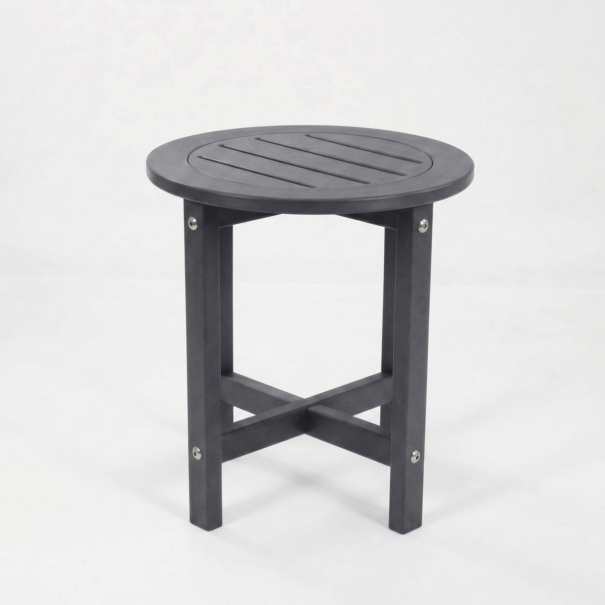 A round outdoor side table with a dark gray slatted top and four legs, shown on a clean white background.