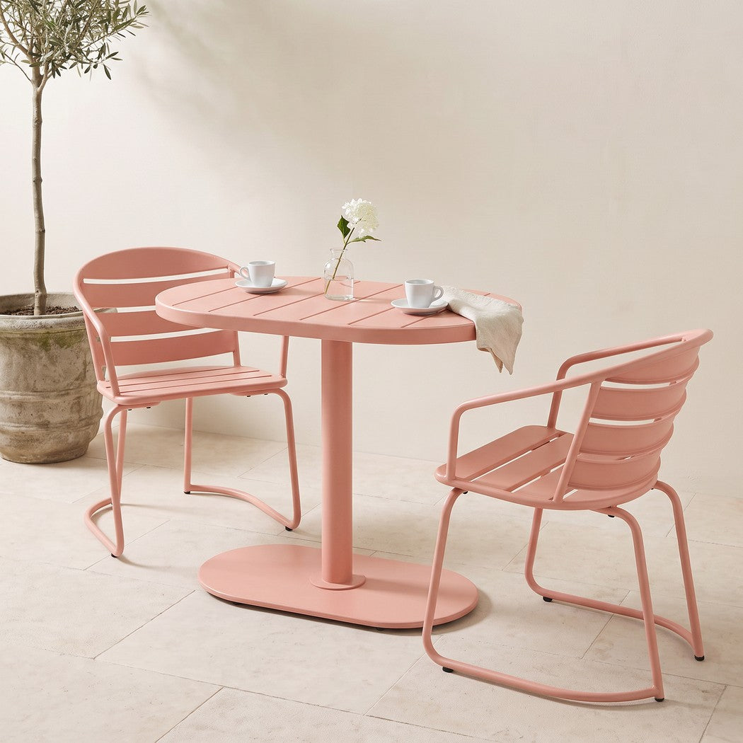 Oval Iron Bistro Set — Slatted Armchairs, Teal or Pink