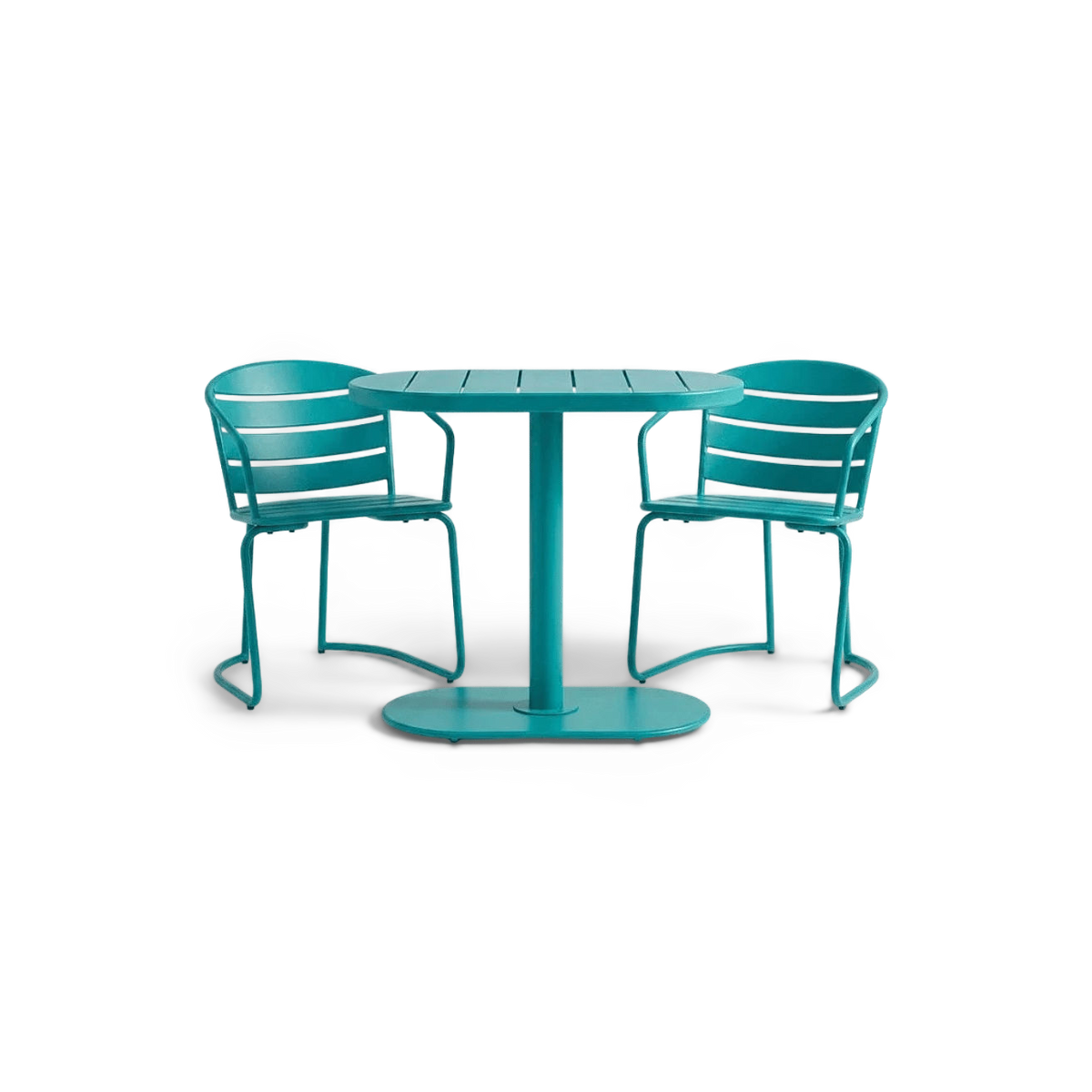 Oval Iron Bistro Set — Slatted Armchairs, Teal or Pink