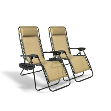 Beige Zero Gravity lounge chair designed for neck and back relief; features a reclining ergonomic frame and breathable fabric for wellness.