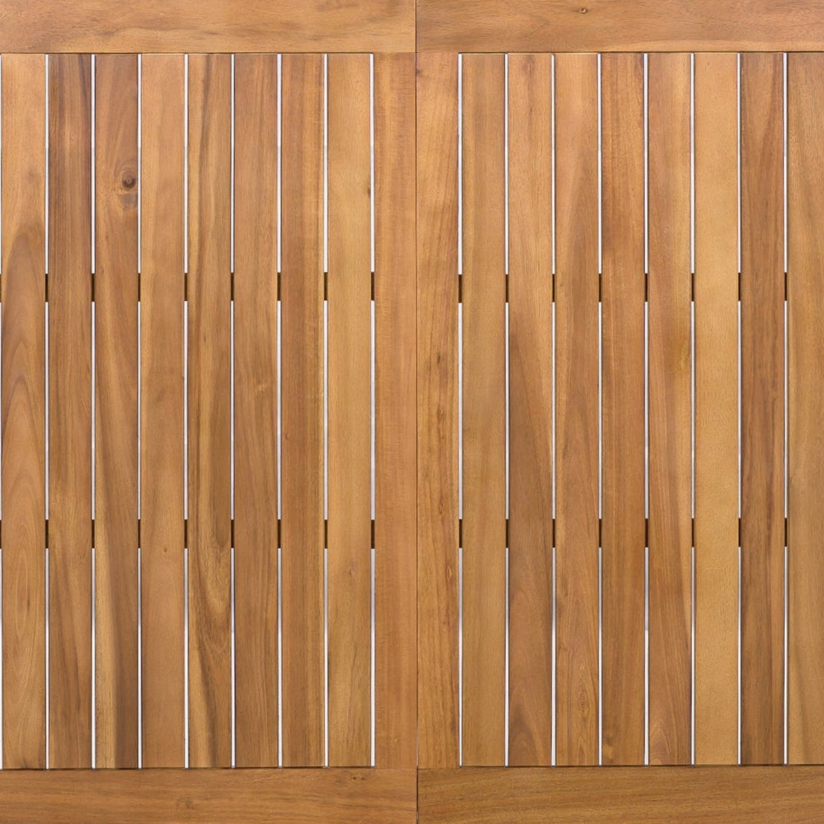 Slatted solid acacia outdoor dining table top (close-up detail)