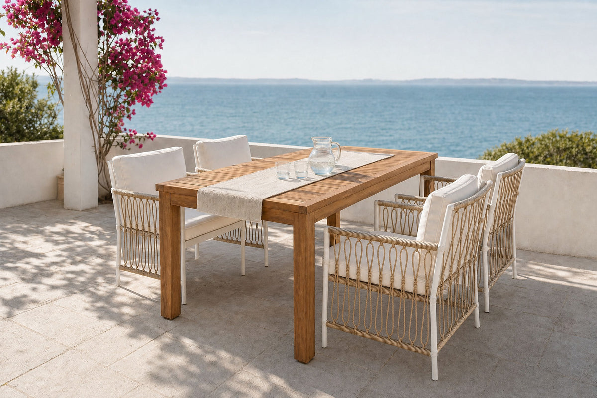 5 piece outdoor dining set on a sunlit coastal limestone terrace