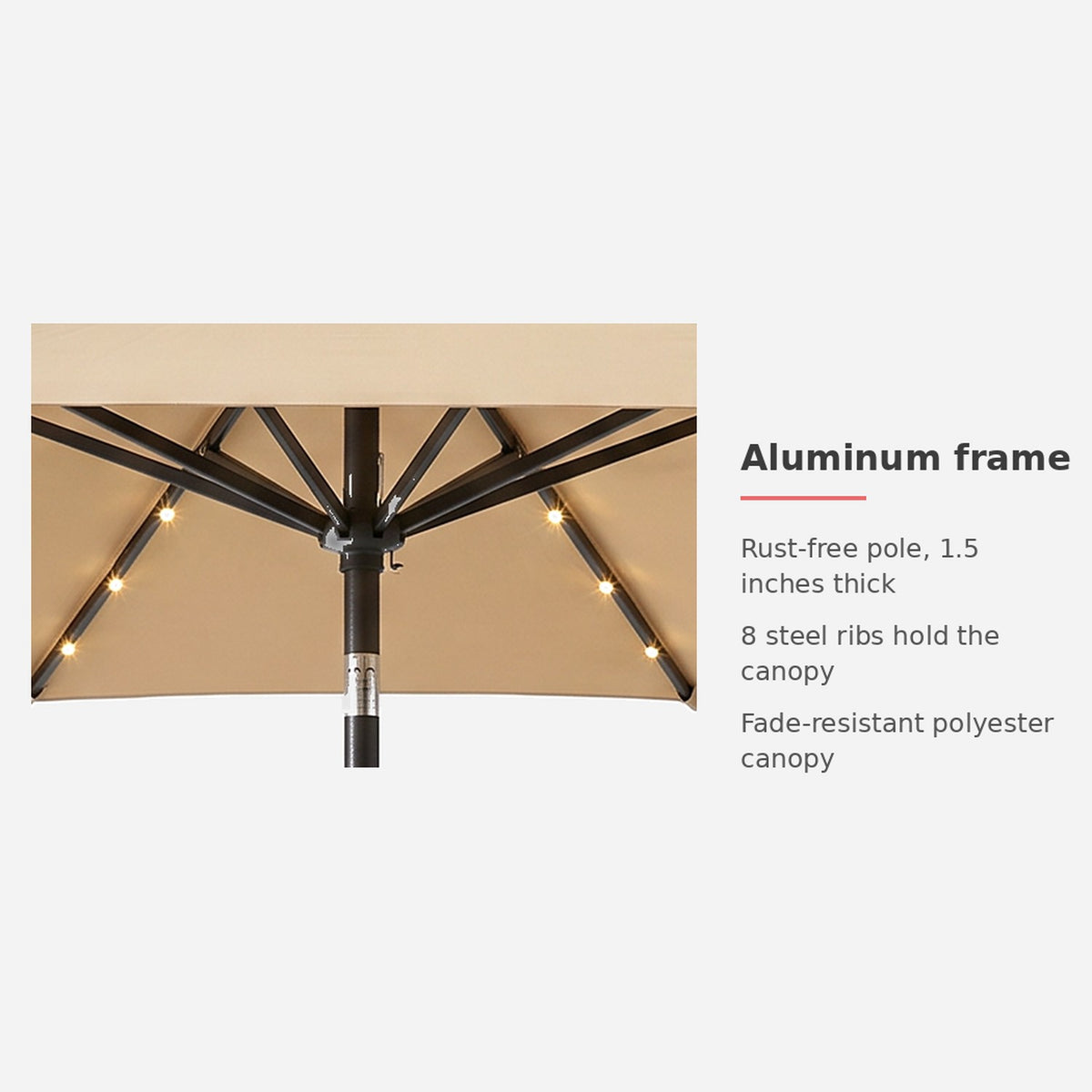 Spec card: aluminum pole, 8 steel ribs and polyester canopy (feature callout)