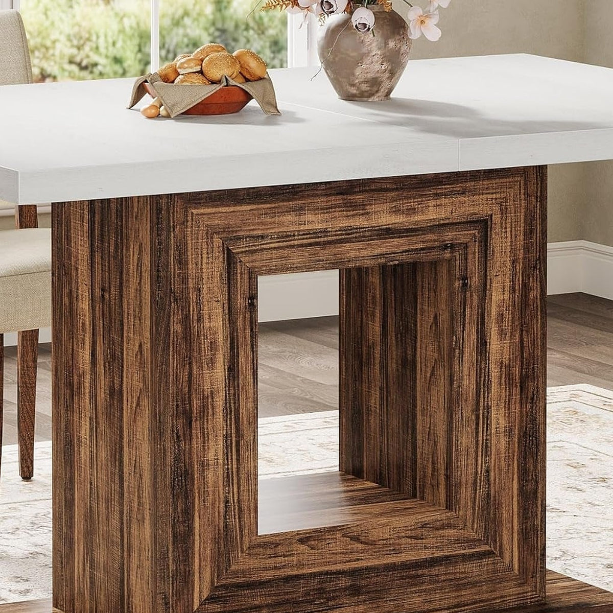 Framed rustic brown pedestal base with open centre and plinth foot (close-up detail)