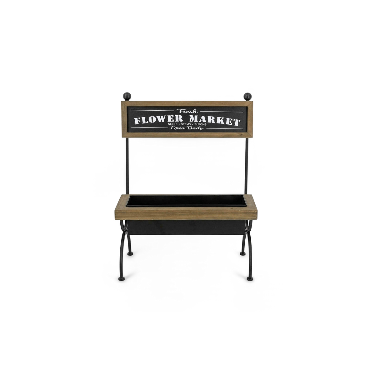 Rustic flower market planter stand with a black iron frame and wood tray, front view (plain studio)