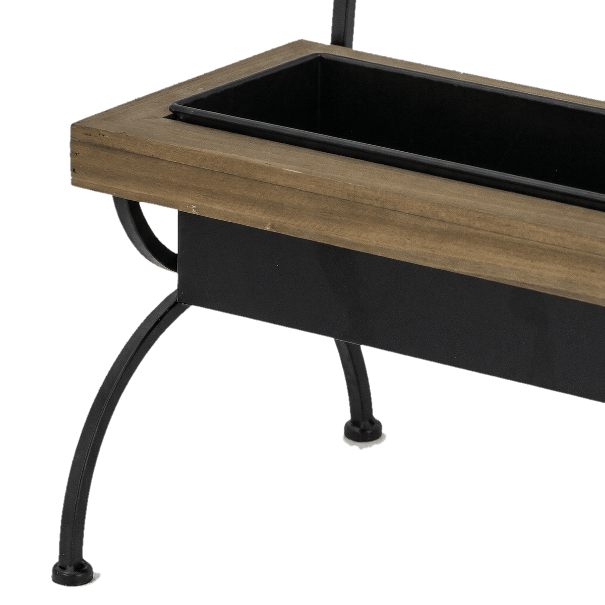Brown wood tray frame around a black inner tray, set on curved black iron legs with round feet (close-up detail)