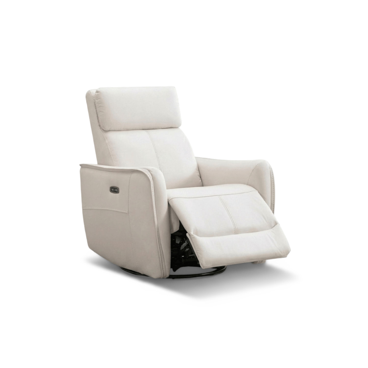 Cream white power swivel glider recliner chair turned at an angle with the footrest raised
