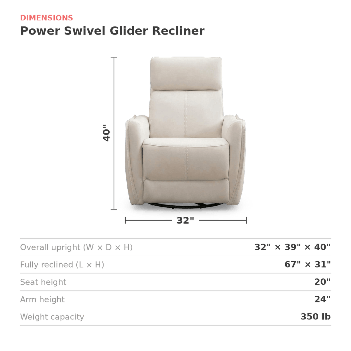 Cream recliner with height 40 in, width 32 in and a table of upright, reclined, seat and arm measurements (dimensions)
