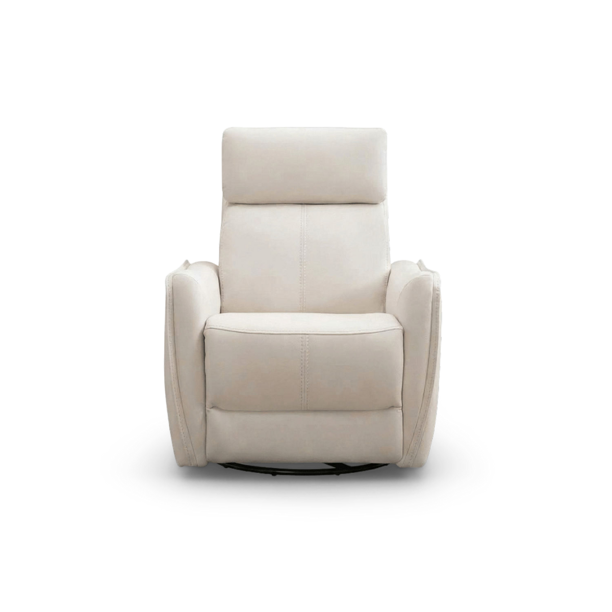Cream faux leather power swivel glider recliner, front view with headrest, padded arms and round black base