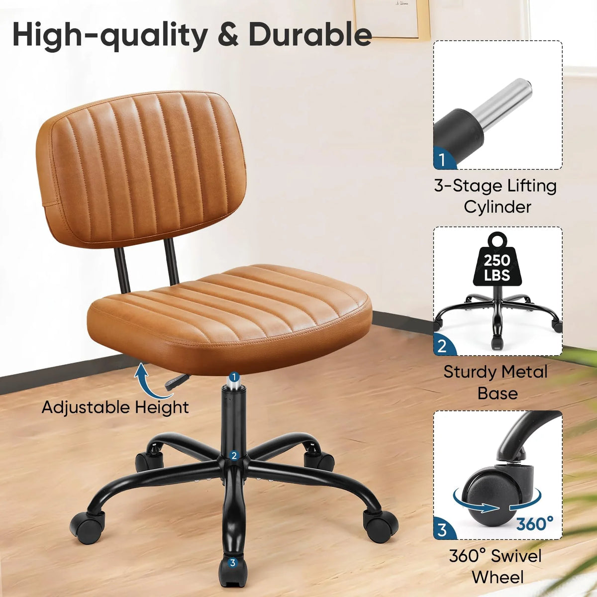 PU Leather Low Back Task Chair with high-density foam cushion and vertical air pattern; adjusta (feature callout)