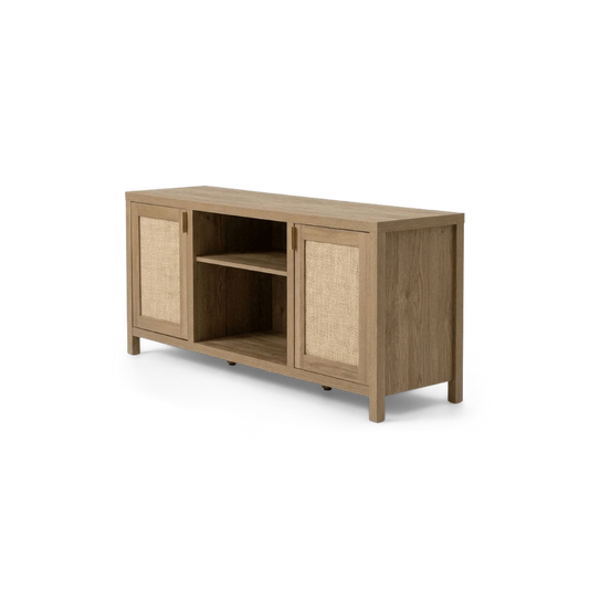 Boho TV stand in oak finish with two rattan-weave doors and an open centre shelf, three-quarter view (plain studio)