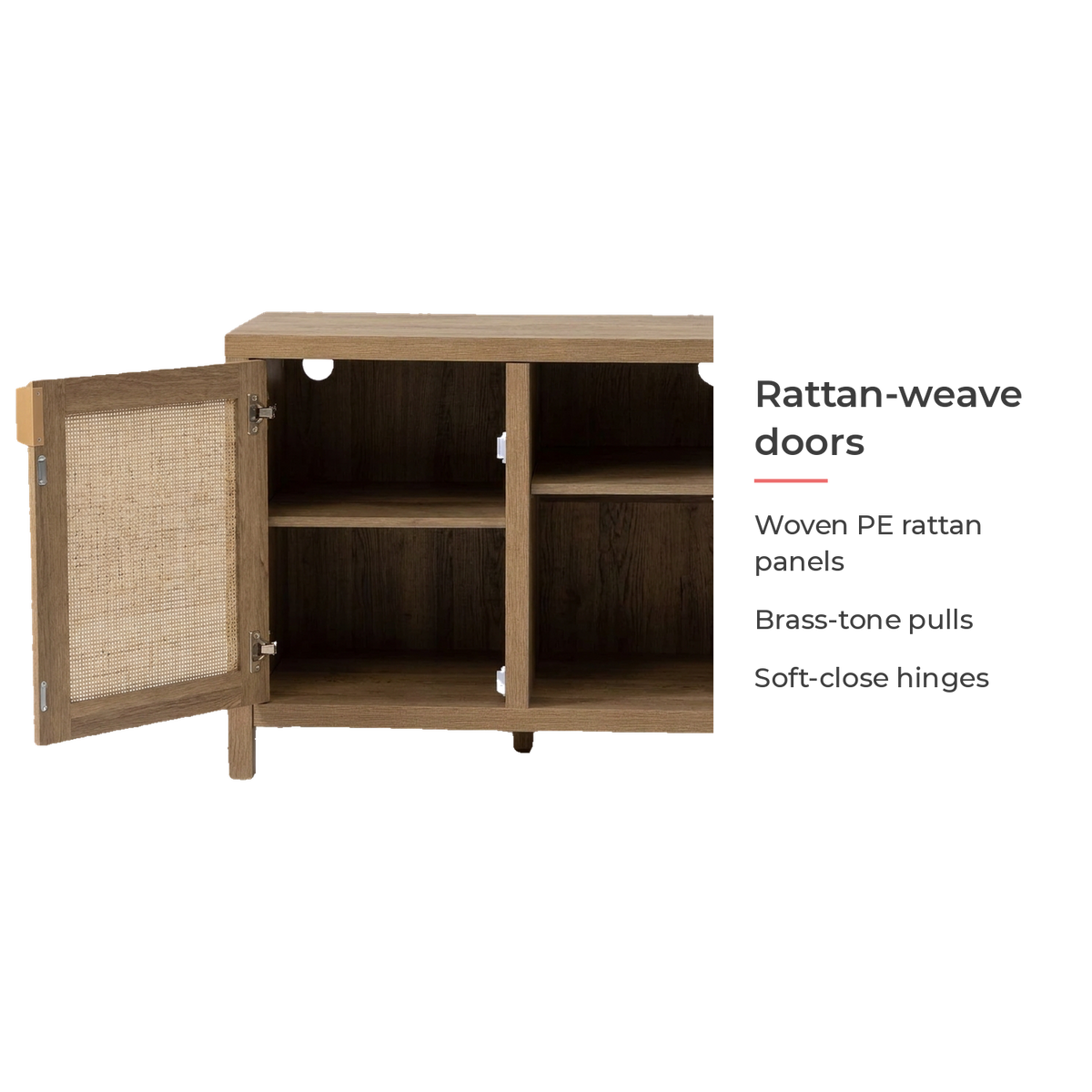 Rattan-weave doors card for the TV stand (feature callout)