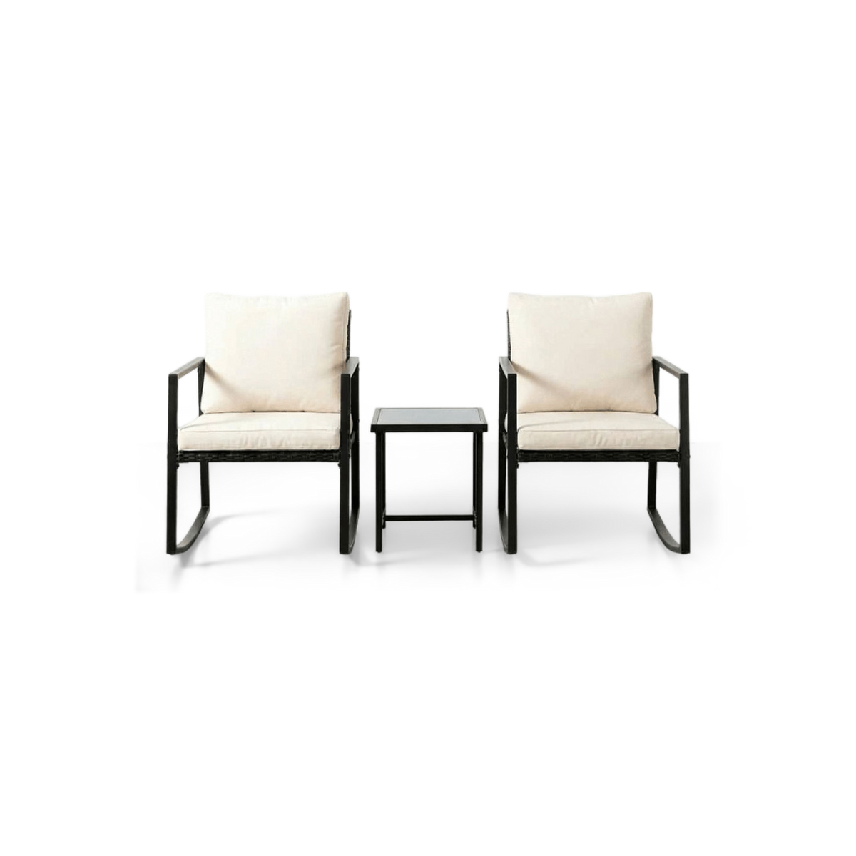 Rocking bistro set with two black rocking chairs, cream cushions and a glass-top side table, front view