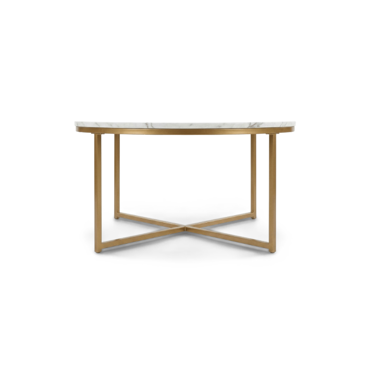 Round marble coffee table with gold legs turned at an angle, showing the faux-marble top and gold cross base