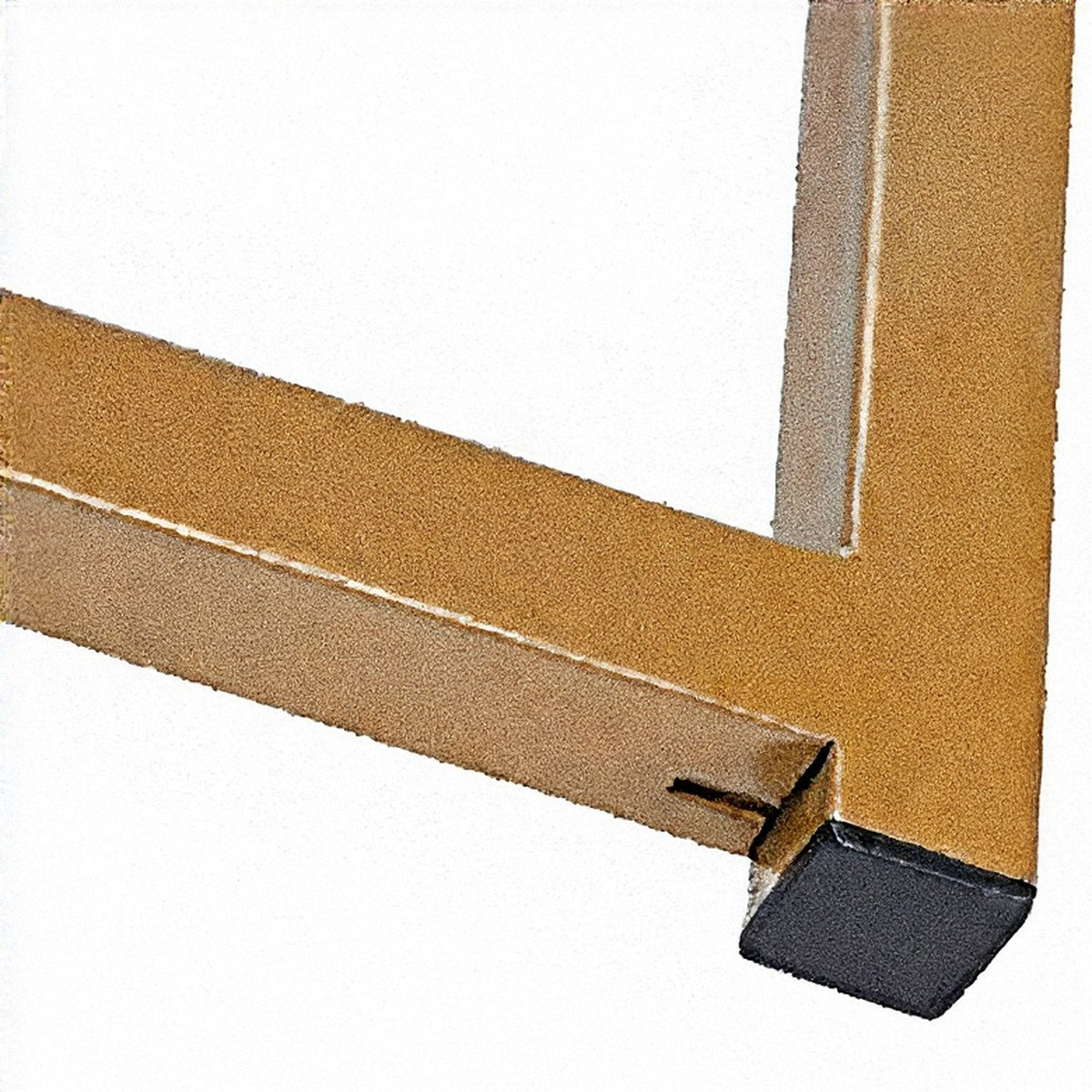 Black plastic foot cap under a gold metal table leg (close-up detail)