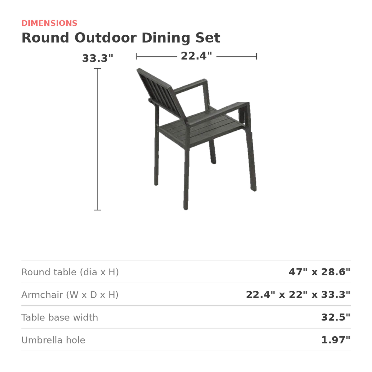 Size guide for the round outdoor dining set with table and armchair measurements (dimensions)