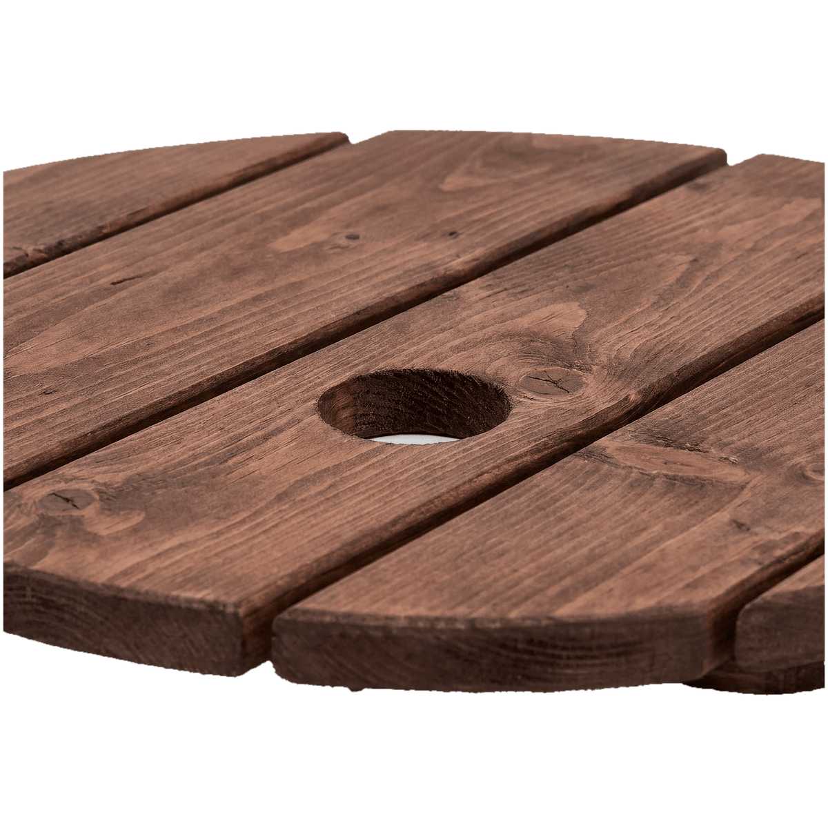 Umbrella hole in the middle of a fir wood slat top, close-up of the 2 inch opening (close-up detail)