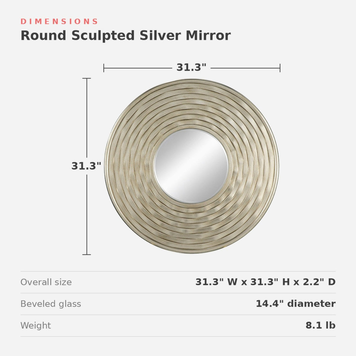Dimensions of the round silver wall mirror, 31.3 inches across