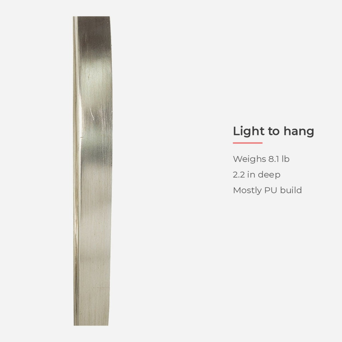 Side profile showing the 2.2 inch depth of the round silver wall mirror