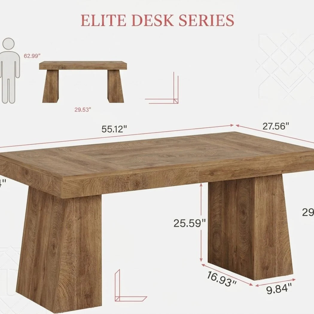 Rustic brown executive desk measurements, 55.12 by 27.56 inch top on two thick block legs (dimensions)